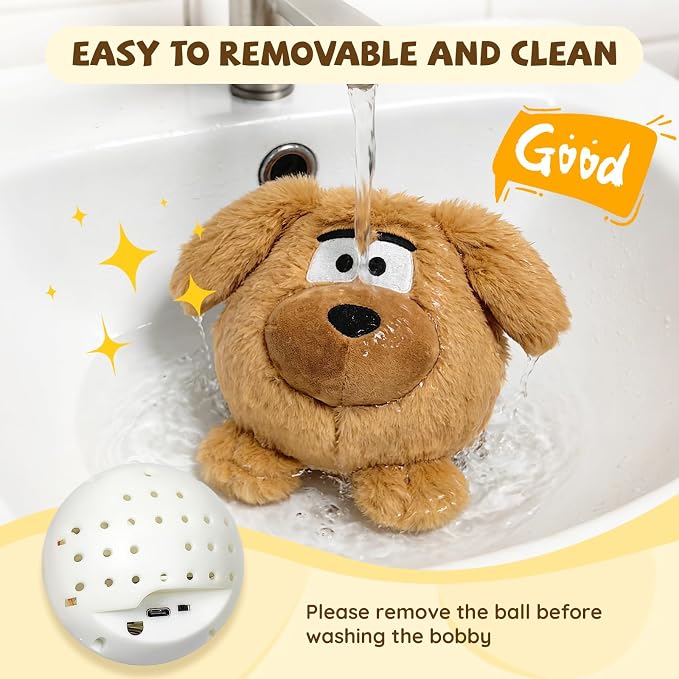 Moving Dog Ball, Jumping Squeaky Interactive Dog Toys, Plush Chew Toys for Small/Medium/Large Dogs, USB Rechargeable (Brown)
