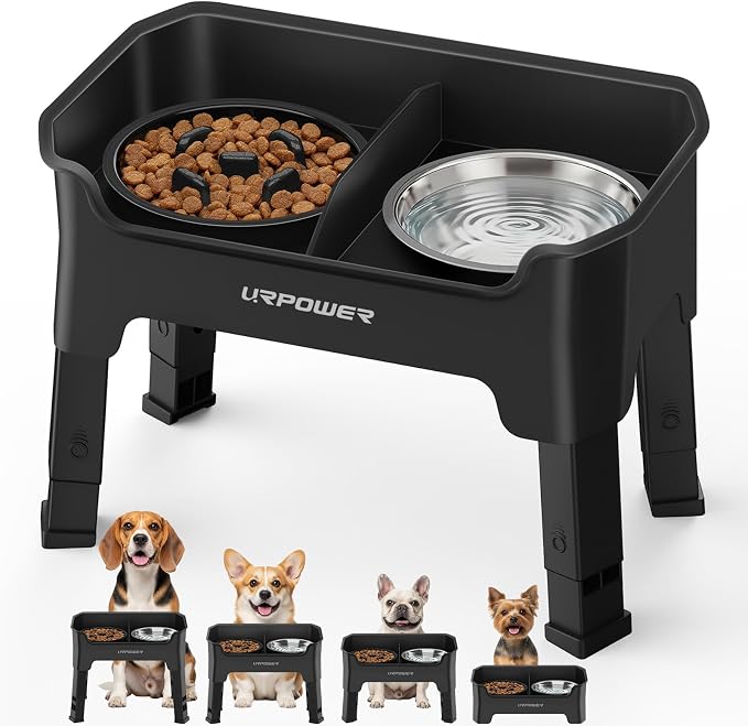 URPOWER Mess Proof Elevated Dog Bowls, High Wall Splash Guard Design, 4 Height Adjustable Raised Bowl Stand with Stainless Steel Bowl & Slow Feeder Bowl, Non-Slip Food Water Set for Small, Medium Dogs