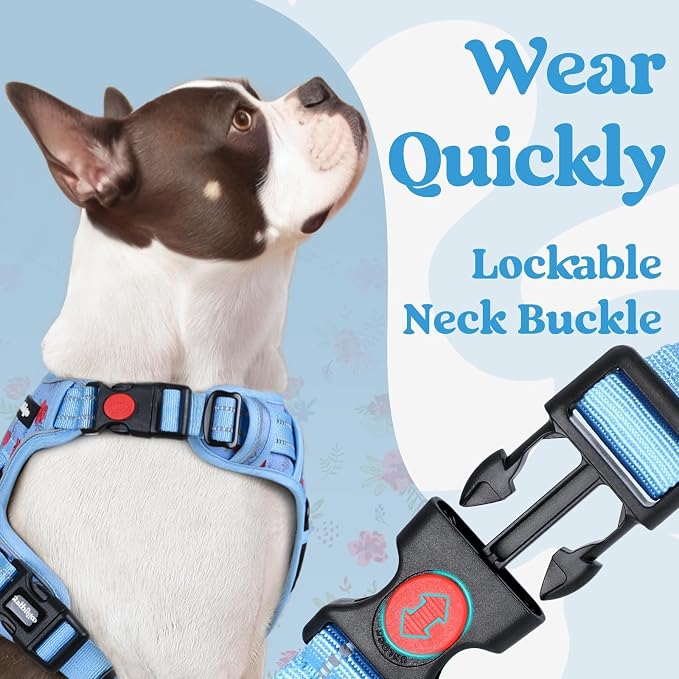 rabbitgoo Dog Harness Small Sized, Updated Easy On & Off with 3 Buckles | No Pull No Choke, Walking with 2 Clips and Handle, Adjustable Soft Reflective, Floral Blue, Small