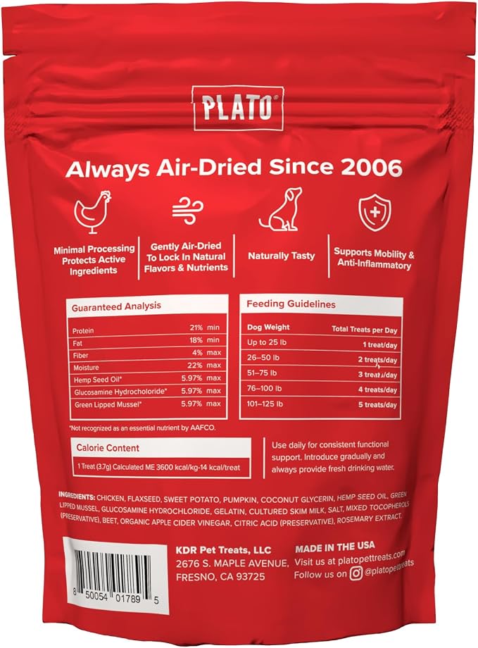 PLATO Pet Treats Air-Dried Wellness Chews for Dogs – Functional Dog Chews – Supports Mobility & Joint Health – Green-Lipped Mussel, Glucosamine & Hemp Seed Oil Recipe 8oz