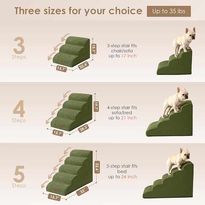 EHEYCIGA Curved Dog Stairs Ramp for High Beds 19.7" H, 4-Step Dog Steps for Small Dogs and Cats, Pet Stairs for High Bed Climbing, Non-Slip Balanced Pet Step Indoor, Olive Green