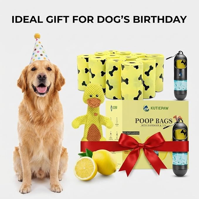 Dog Poop Bag Kit - 180 Biodegradable Lemon Scented Poop Bags for Dogs, Duck Plush Toy & Dispenser with Sanitizer - Leak Proof Extra Thick Compostable Dog Waste Bags for Eco-Friendly Walks