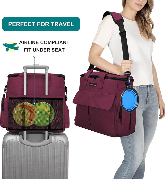 Airline Approved Pet Travel Bag Weekend Set with Food Containers & Bowls, Rose Red