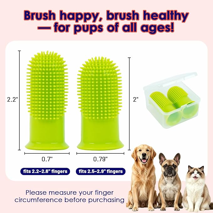 Dog Finger Toothbrush 2 Pack, Small & Large Sizes for Better Finger Fit, Soft Food Grade Silicone Dog & Cat Toothbrush, 180° Bristles for Plaque & Tartar Removal, Pet Teeth Cleaning & Bad Breath Care
