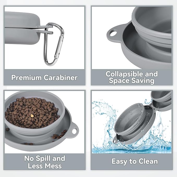 Collapsible Dog Water Bowl, 2-in-1 with Carabiner Clip, Grey