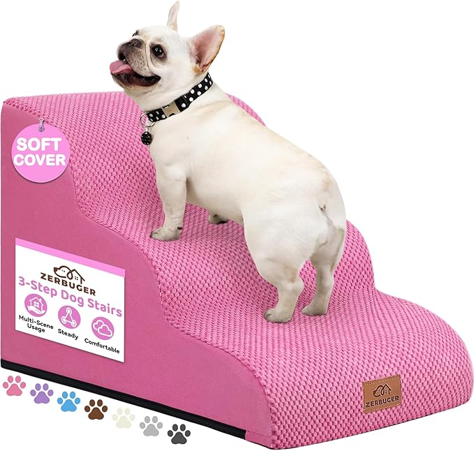 Zerbuger Dog Ramp and Stair for Bed 16" H-20 H,3-Step Cat Stair for Sofa and Chair,4-Step Dog Ramp for High Bed and Window,Durable Nonslip Fabric Cover for Indoor (Pink-16 H, Pet Friendly, 3)