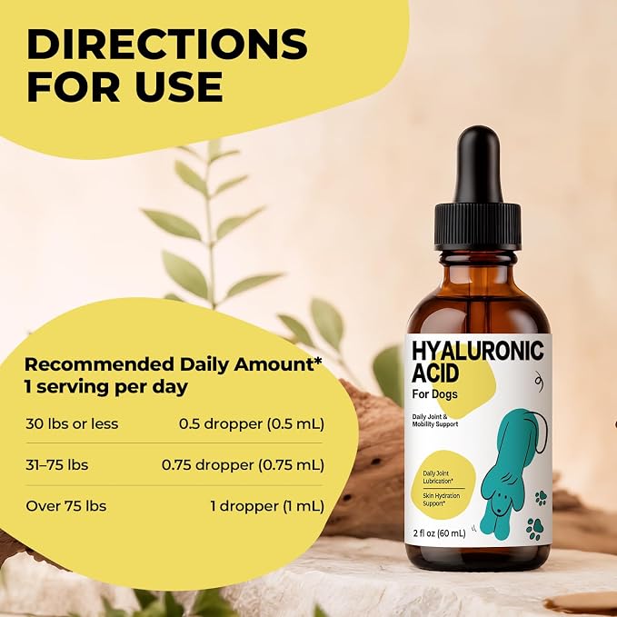 Hyaluronic Acid for Dogs, Hip & Joint Mobility, Skin Hydration Liquid Drops