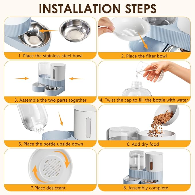 Automatic Gravity Cat Dog Feeder and Water Dispenser with 304 Stainless Steel Bowls 2, 2 in, Stainless Steel, Blue
