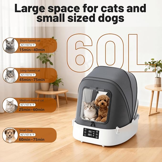 Updated Automatic Pet Dryer Box with 86CFM Dual Fans, 60L Foldable Design, 360° Quiet Airflow, Temperature/Time Control – Grooming Hair Blower for Dogs, Cats & Puppies