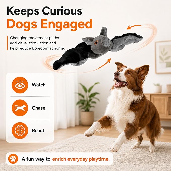 Flying Bat Dog Toy, Battery Operated Interactive Toy for Small Dogs (1PC) | Soft Plush Material, Motion Sensor Activation, Realistic Chirping and Flapping Sounds, USB Rechargeable, Indoor Pet Play