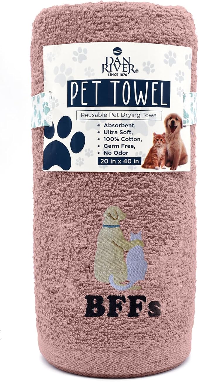 DAN RIVER Dog Towel - Pack of 1, 100% Cotton, 20x40, Ultra Soft 450 GSM, Super Absorbent & Quick Drying Towel for Dogs, Cats, and Other Pets, Dusty Rose.