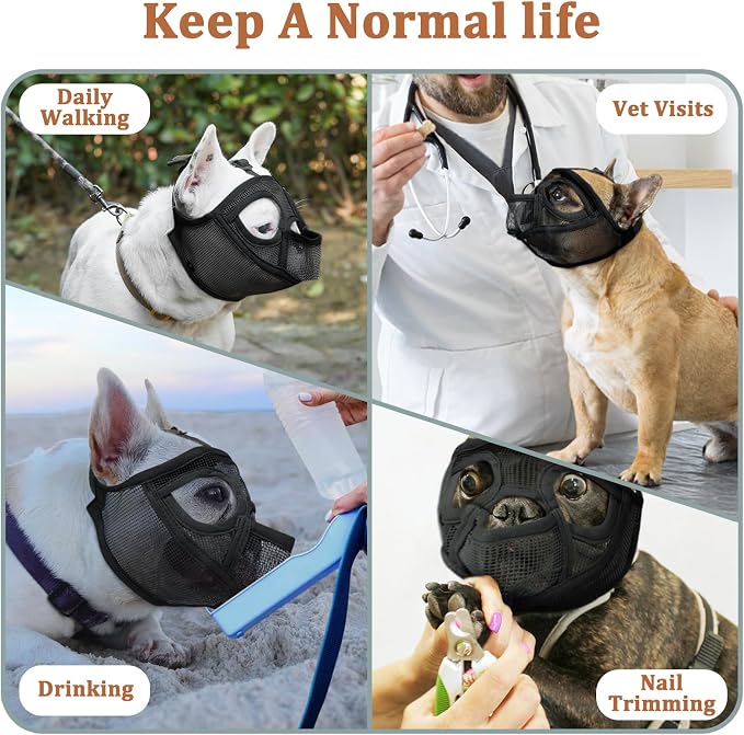 Mesh Short Snout Dog Muzzle with Anti-Eating Design for Frenchie | Fits French Bulldog Pug English Bulldog, Prevent Scavenging, Walking Grooming Use , Allows Full Panting Drinking | Black, XS