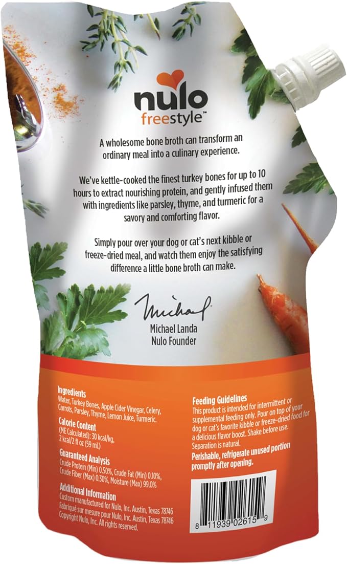 Nulo Freestyle Bone Broth, Premium Food Topper for Cats and Dogs, with Collagen and Chondroitin Sulfate to Help Boost The Quality of Your Pet’s Coat and Skin, 20 FL Oz Pouch