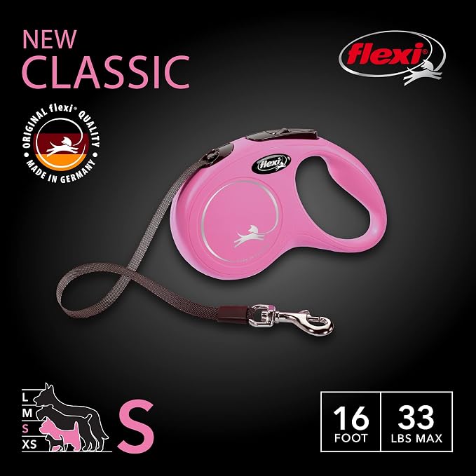 FLEXI® Classic Tape Retractable Dog Leash, Small, 16 ft - Pink | German engineered, original flexi leash, durable quality for dogs up to 33 lbs, tangle-free, walking, reliable brake system