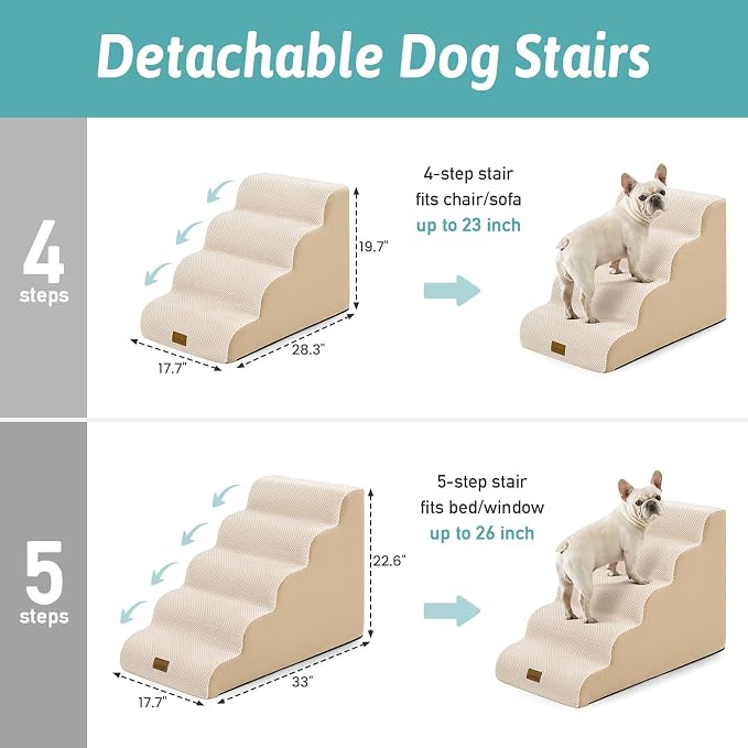 COZY KISS Wide Dog Stairs for Small Dog 19.7" H, 4 Step Pet Ramp for Bed | Curved Stable Dog Step for Puppy, Older Cat, Senior, Medium, Short-Legged Dog, Non-Slip Ladder, 17.7 inch Width, Grey