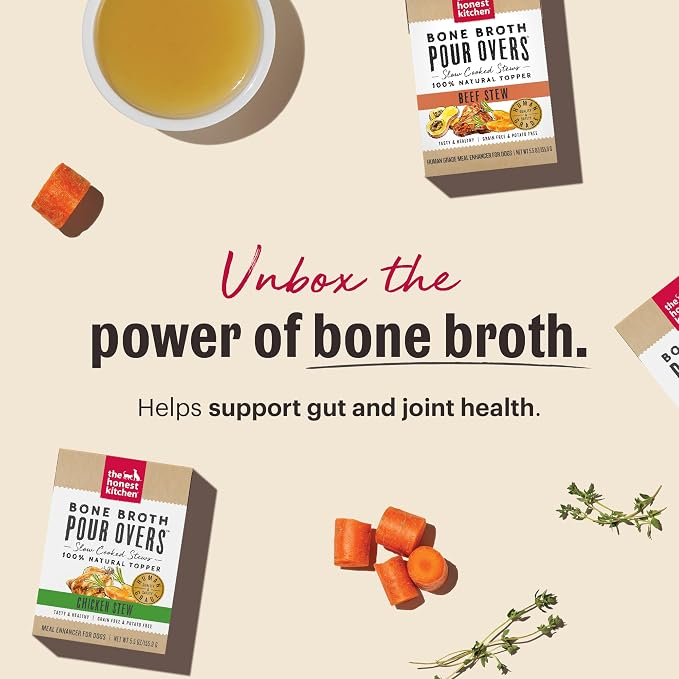 The Honest Kitchen Bone Broth Pour Overs Wet Toppers for Dogs,5.5 oz - Beef Stew,(Pack of 24)