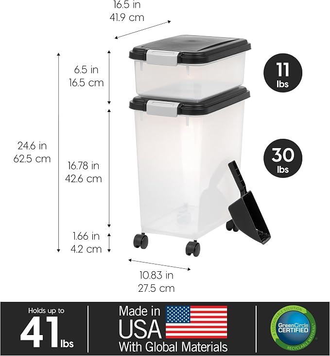 IRIS USA 30 lb + 11 lb Airtight Pet Food Storage Containers with Wheels