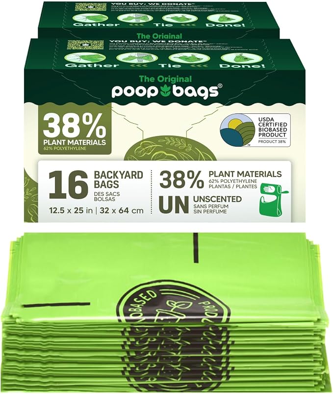 The Original Poop Bags® 38% USDA Certified Plant-Based Arm-Slot Poop Bags – Extra-Large 12x24" Bags with Built-In Arm Slot for Backyard Cleanups – Unscented (32 Count)