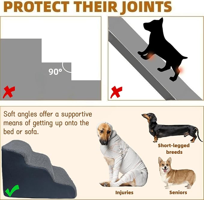Dog Stairs & Pet Ramp for Small/Large Dogs to High Beds/Couches - 5 Steps 24-inch Height for 18-30 inch Furniture, 2 Washable Covers (Black, Grey), Non-Slip Balanced 33D Design for Old Dogs & Cats