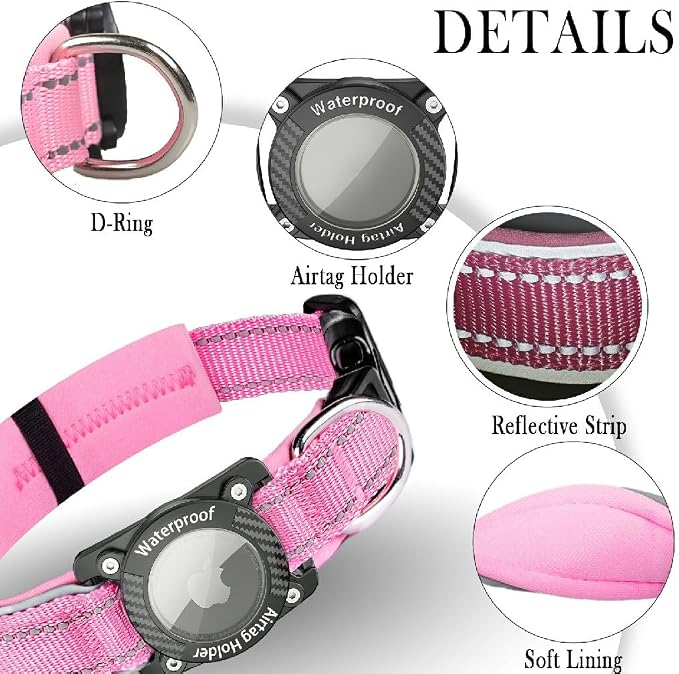 Upgrade Dog Collar with AirTag Holder, IP68 Waterproof, Pink, XL | 1000D Nylon, Reflective Stitching for Night Visibility, Adjustable Soft Padded, Ultra-Durable, for Small Medium Large Dogs