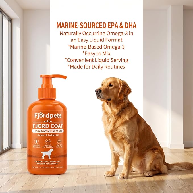 Fjordpets Fjord Coat Marine Oil for Dogs, Omega-3 Salmon and Pollock Fish Oil with EPA and DHA, Liquid Drops Supplement for Skin & Coat, 7.05 fl oz