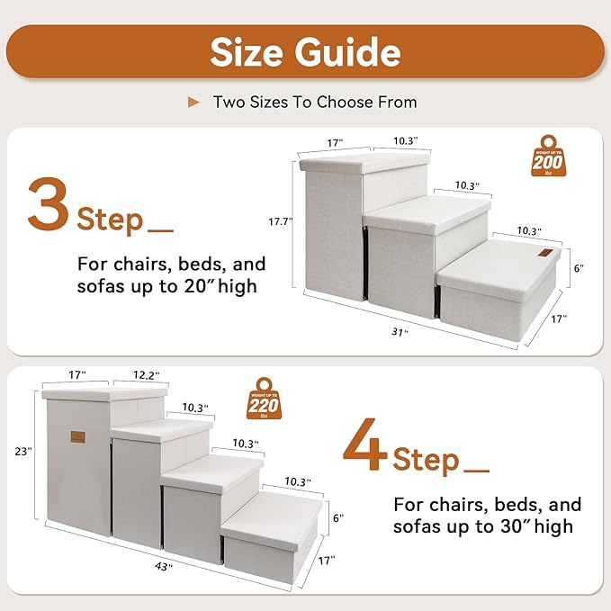 Zerbuger Dog Stairs with Storage 18" H, 3-Step Wider Dog Steps for Small/Medium/Large Old Dogs Cats, Folding Sturdy Pet Stairs Climbing Bed or Couch, Ramp for Car Up to 200 lbs (Beige, No Condo)