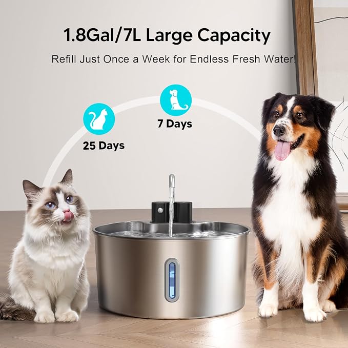 Voluas Dog Water Fountain: 1.8Gal/7L Wireless Stainless Steel Dog Fountain Bowl for Small to Large Dogs, Battery Operated Pet Water Dispenser Indoor with Ultra-Quiet Pump, Easy Clean, 6 Filter