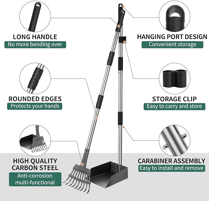 SCENEREAL Dog Pooper Scooper for Yard-Tray & Rake Set, Long Handle Metal Poop Scooper for Large Medium Small Dogs, Pet Waste Removal Scoop with No Bending Detachable for Outdoor Grass Dirt Gravel