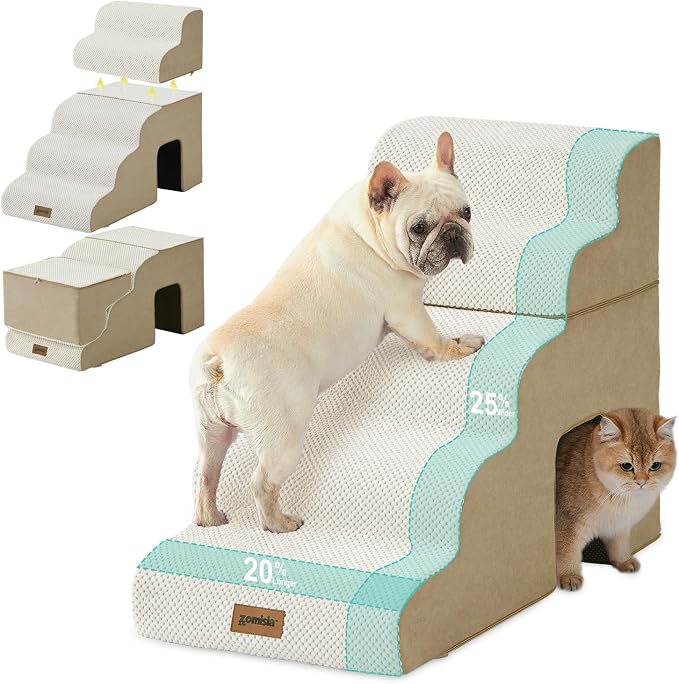 ZOMISIA Dog Ramp for Large Dogs - 24"H 5-Step Pet Stairs for High Beds with Tunnel, 2-in-1 Design with Zippers, Suitable for Indoor Cat Ladders with Non-Slip Bottom, Beige