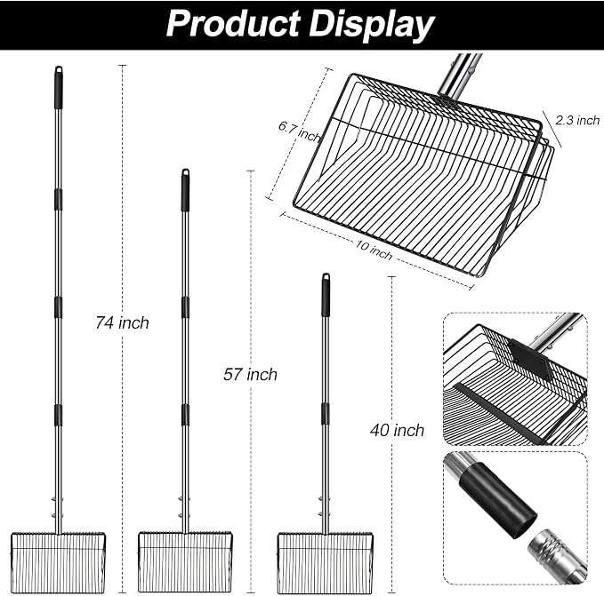 10 inch Large Chicken Poop Scooper for Sand for Shavings 74" Heavy Duty Pooper Scooper Long Handle Chicken Coop Scoop for Cleaning Tools and Rake 5-in-1 Sifting Shovel for Chicken Scoop supplies