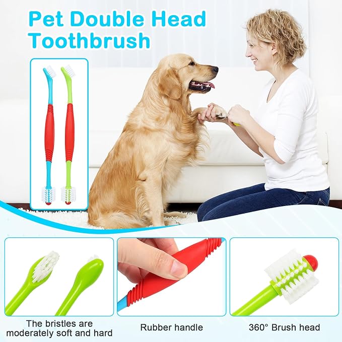 4 PCS Dog Toothbrush, 360 Degree Soft Double Headed Pet Toothbrush, Dogs Cleaning Tooth Brushing Kit for Dogs Cats Teeth Cleaning (Blue, Green)