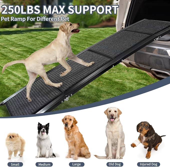 Extra Wide Dog Ramp for Large Dogs, 65" Foldable Aluminum Pet Car Ramp with Non-Slip Loofah Surface, 4-Fold Portable Dog Ramp for SUV Trucks High Beds, Joint-Friendly Gentle Incline