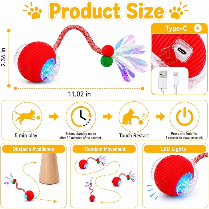 Interactive Cat Toy Ball, Smart Moving Pet Toy for Cats & Dogs | cat toys for indoor cats | speedy tail 2.0 cat toy|cat teaser toy|interactive motion activated cat toys| stimulating cat toys