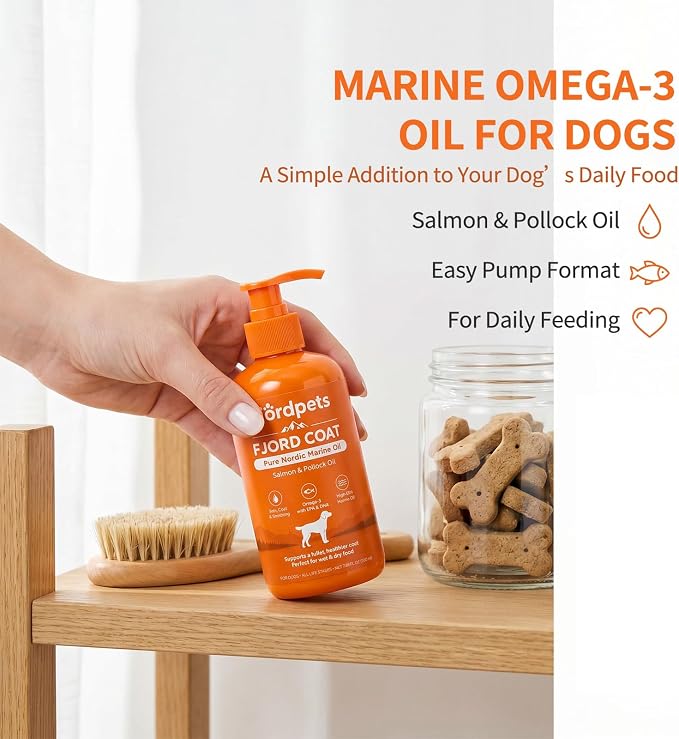 Fjordpets Fjord Coat Marine Oil for Dogs, Omega-3 Salmon and Pollock Fish Oil with EPA and DHA, Liquid Drops Supplement for Skin & Coat, 7.05 fl oz