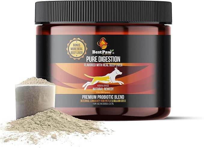 Best Paw Nutrition Probiotics for Dogs | Digestive Enzymes and Probiotics Powder | Beef Liver Flavor | Pumpkin, Turmeric and Prebiotic FOS | Gut Health Food Topper for Dogs and Cats | 6.5oz