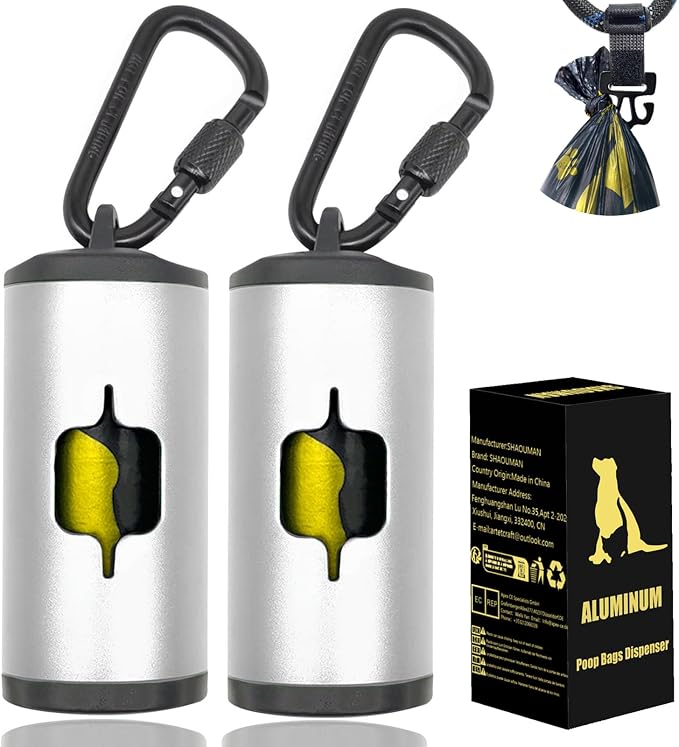 Metal Dog Poop Bag Holder 2-Pack w/Leash Clip|Durable Scratch-Resistant Aluminum|30 Bags+6 Accessories（Silver）