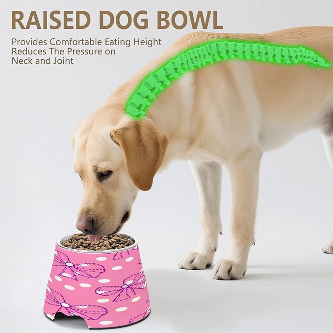 Blueangle Elevated Dog Bowls with Stainless Steel - Non-Slip 2.3 Cup High Capacity Pet Dish for Spinal Health & Dots Bows Design（385）
