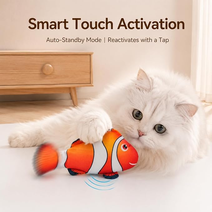 Flopping Fish Cat Toy, Interactive Moving Plush Cat Kicker Toy with Catnip Pocket, USB Rechargeable Automatic Wiggle Clownfish Toy for Indoor Kitten & Small Dogs, Single Clownfish（9.84Inch）