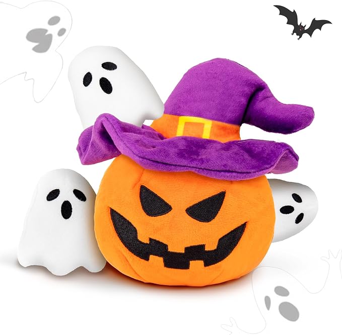 lilfrd Halloween Dog Toys, Pumpkin Ghost Hide & Seek Squeaky Toy | Mental Stimulating Puzzle Design, Durable Plush Material, Suitable for Small Medium Large Dogs