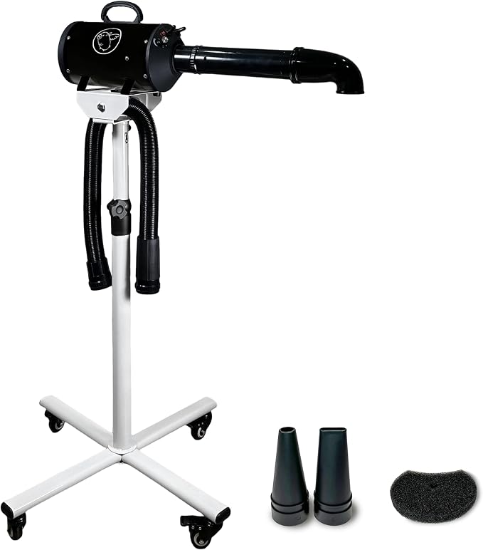 Flying Pig High Velocity Dog Pet Stand Grooming Dryer w/Variable Air Speed & Heat (Black w/White Logo)
