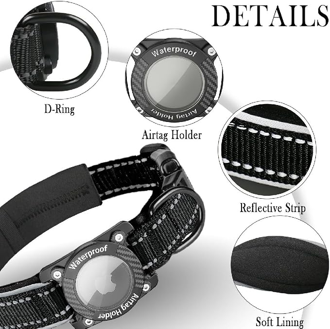 Upgrade Dog Collar with AirTag Holder, IP68 Waterproof, Black, S | 1000D Nylon, Reflective Stitching for Night Visibility, Adjustable Soft Padded, Ultra-Durable, for Small Medium Large Dogs