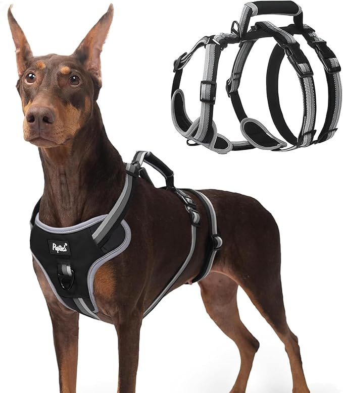 PUPTECK Escape Proof Dog Harness with Padded Handle, No Pull Pet Vest Harness Durable Reflective for Medium Large Dogs Walking Training and Running, Black, L