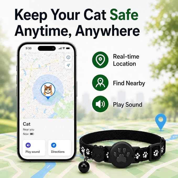 GPS Tracker for Cats, Cat Collar with Tracker for Android Users – No Monthly Fee, Google Find Hub Cat GPS Tracker Collar, IP67 Waterproof, Replaceable Battery Lasts 1 Year (Not Standalone GPS) (Black)
