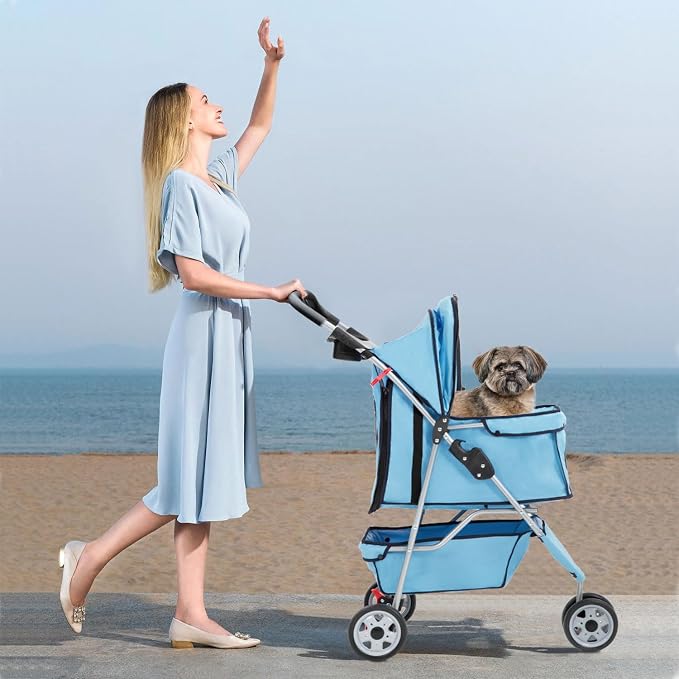 BestPet 3-Wheel Jogger Pet Stroller - Blue, Cup Holder & Removable Liner