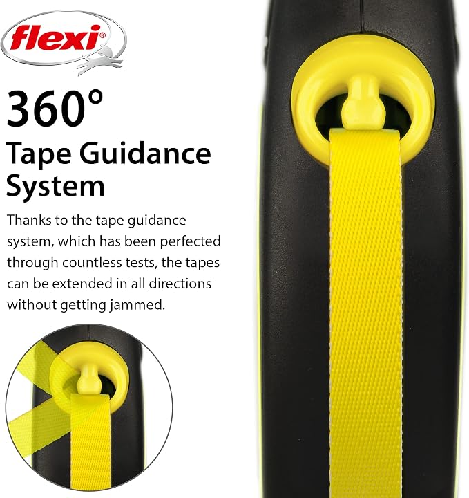FLEXI® Neon Tape Retractable Dog Leash, Large, 16 ft - Neon Yellow/Black | German engineered, original flexi leash, durable quality for dogs up to 110 lbs, tangle-free, walking, reliable brake system