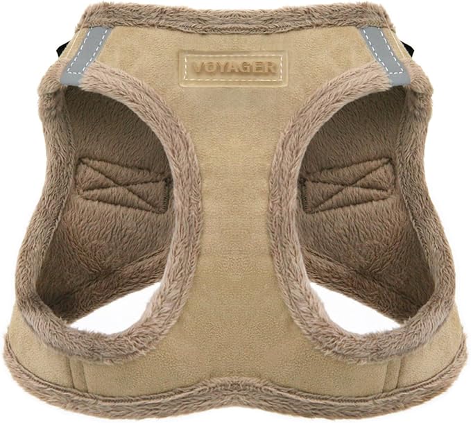 Voyager Step-in Plush Dog Vest Harness -Latte Suede, Small | 14.5 - 16" in Chest, Soft Plush, Reflective Bands, Cold-Weather Harness, Cats Compatible. Step-In Style,