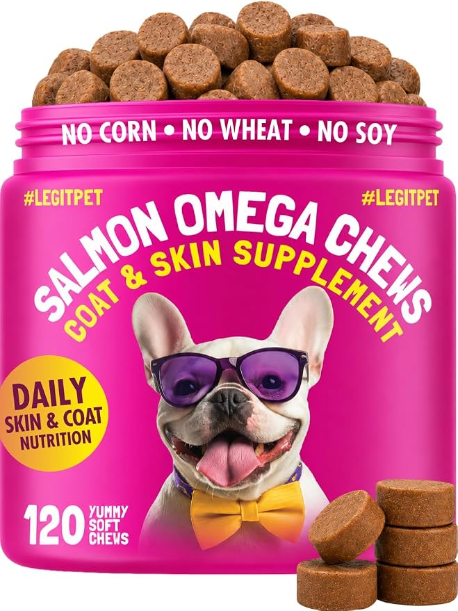 Omega 3 Alaskan Salmon Oil Treats for Dogs 120 Fish Oil Chew Supplement Skin and Coat Allergy and Itch Relief Hip & Joint Health Brain Shedding Hot Spots Treatment Omega 3 6 9 EPA & DHA Fatty Acids