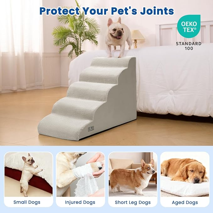 Airpanda 5 Step Dog Stairs for High Bed – Pet Steps for Small Dogs, Non-Slip Dog Ramp with Washable Cover, Pet Ladder for High Beds,Light Grey