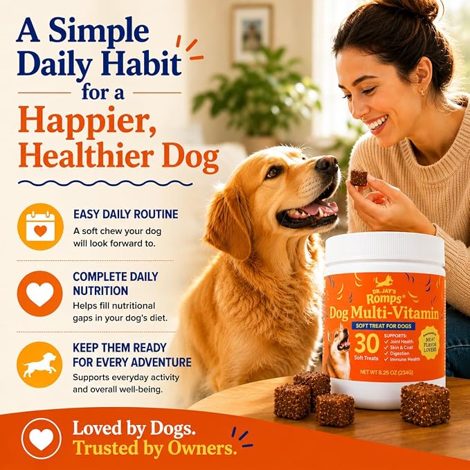 Dr Jay's Romps 10-in-1 Dog Multivitamin Soft Chews with Collagen, 30 Chews | Supports Joint, Skin & Coat, Immune & Digestive Health, For Dogs of All Ages & Sizes