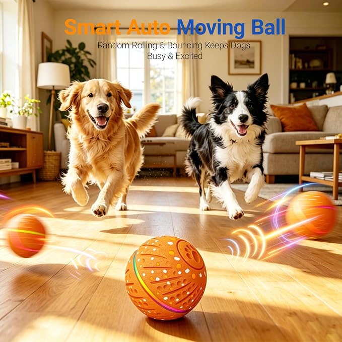 Interactive Dog Ball Toy, Automatic Rolling & Bouncing, LED, Orange | 2.8-Inch Ball, Small & Medium Dogs, 2-in-1 Fetch Toy, Home Alone Play, Reduces Boredom, USB-C Rechargeable, Up to 3 Hours
